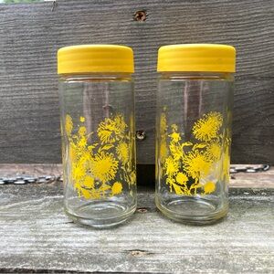Vintage Glass Salt and Pepper Shakers with Yellow Sunflowers Print and Tops!